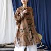 Women's Ethnic Print Retro Stand Collar Midi Shirt with Frog Button, Sun Protection, Loose Fit, Plus Size Outerwear.