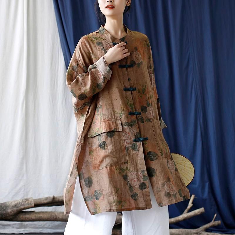 Women's Ethnic Print Retro Stand Collar Midi Shirt with Frog Button, Sun Protection, Loose Fit, Plus Size Outerwear.