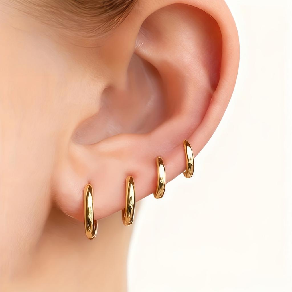 Set of 4 high-quality, hypoallergenic gold-tone stainless steel hoop earrings—fade-resistant and simple yet elegant