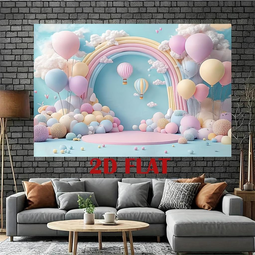 1 Piece 2D Flat Background Cloth, Blue-pink Balloon Rainbow Arch Background Banner, Home Decoration Photo Props