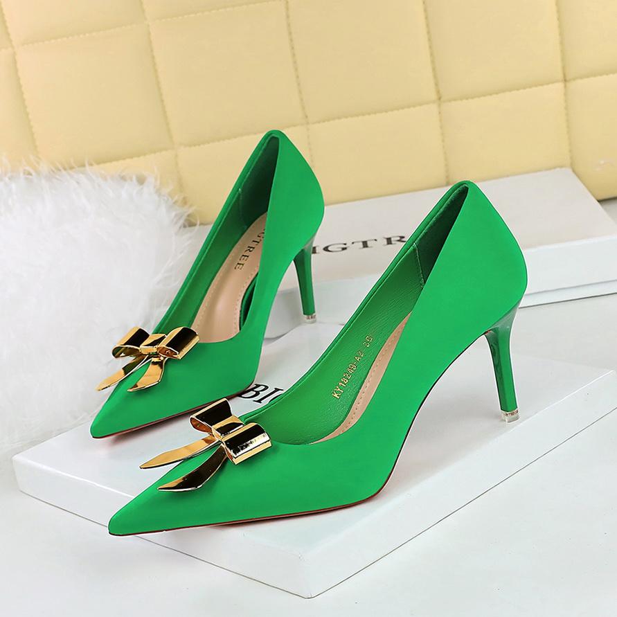 Women's Shoes with Thin Heels, High Heels, Silk, Shallow Mouth, Pointed Metal Bow, Single Shoe