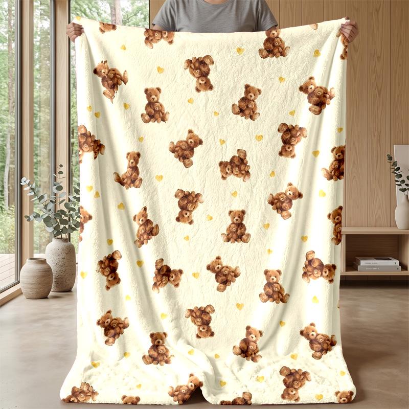 Teddy Bear Hearts Pattern Theme Blanket Lightweight Warm Flannel Blanket Decorative Throw Blanket for Home Decoration