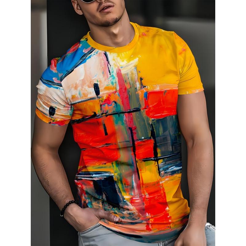 Herren Buntes Abstraktes Ölgemälde Druck T-Shirt Lässig O-Ausschnitt Kurzarm Kunst Mode Grafik-T-Shirt Tägliche Oberteile