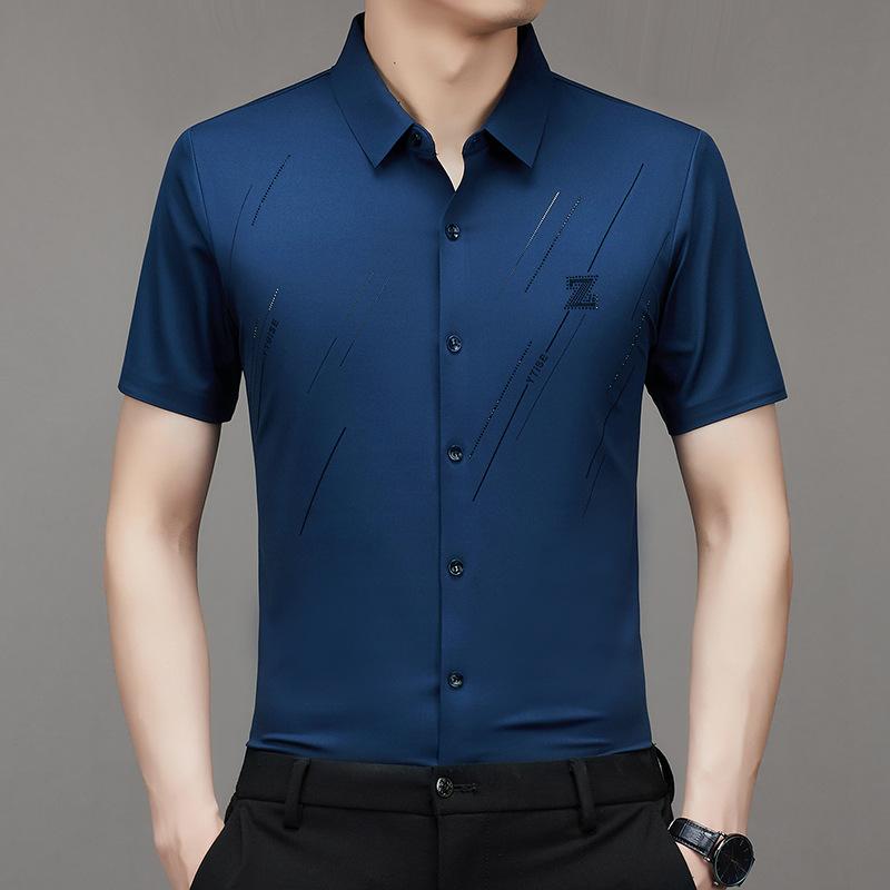Men Summer Ice Silk Short Sleeve Shirt Business Casual Wrinkle Free All-match Shirt