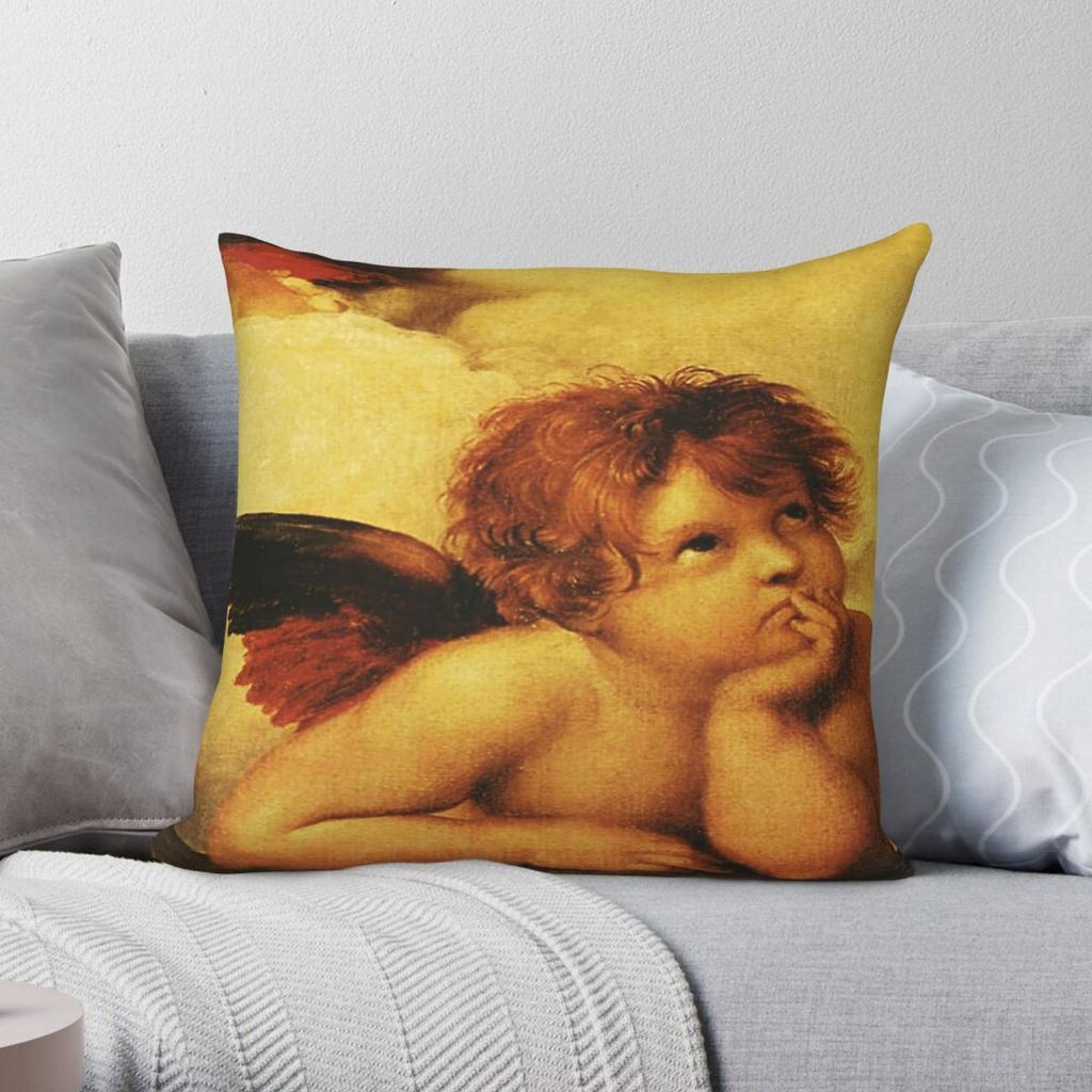 Raffaello Sistine Madonna Two Cherubs Square Pillowcase Polyester Linen Velvet Creative Zip Decorative Room Cushion Cover