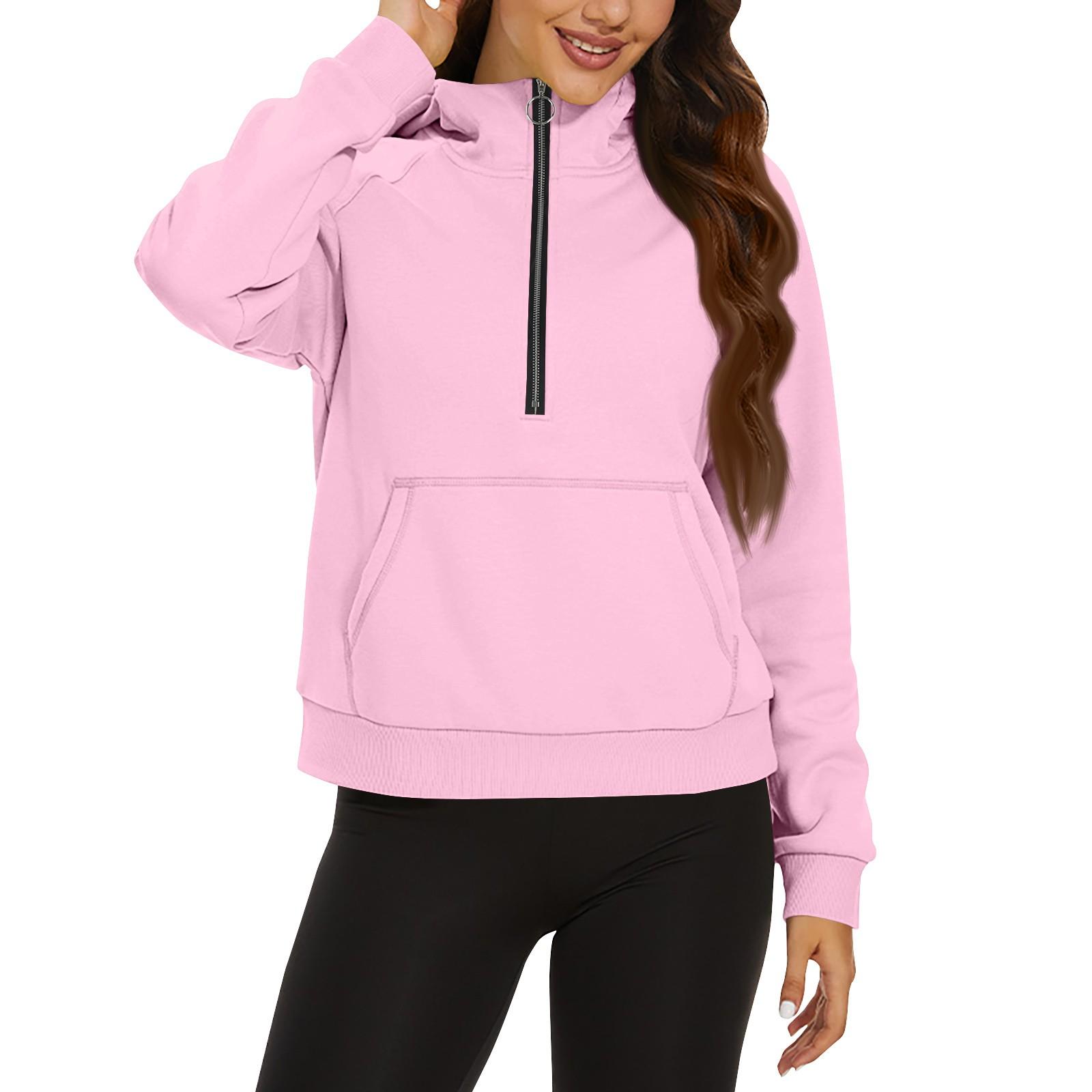 

Женская повседневная модная однотонная свободная толстовка с длинным рукавом и карманом на молнии с капюшоном M розовый