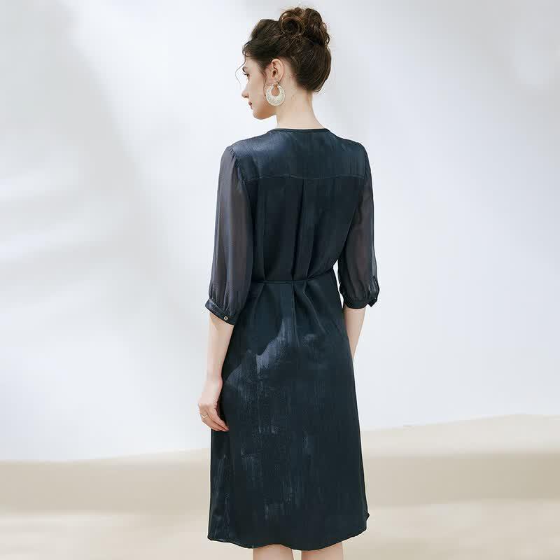 TUHUANG 100% Mulberry Silk Seven-Sleeve A-Line Dress