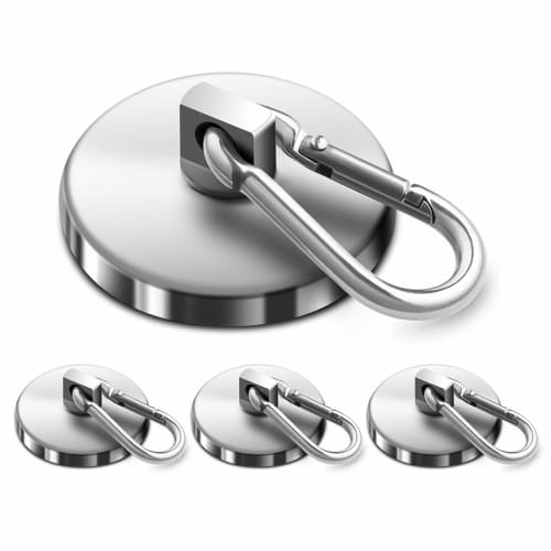 Cosego Strong Magnetic Hooks with Carabiner, Detachable Hooks, 42mm Diameter, 61kg Weight Capacity, Silver Metal, Pack of 4, for Kitchen, Office, Comm
