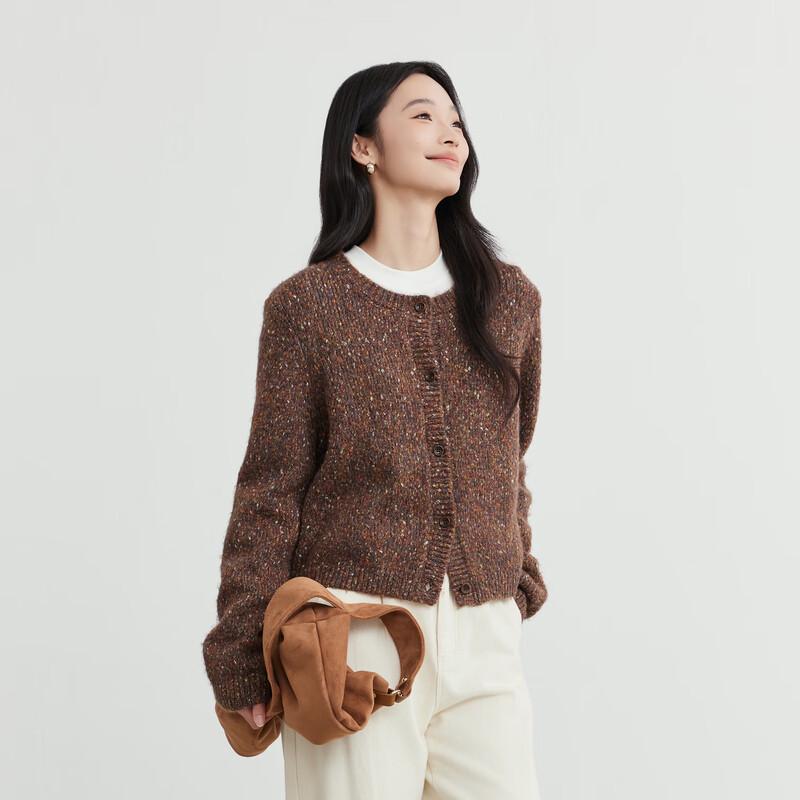 Elva' Island Women's Petite Dot Mesh Round Neck Cardigan