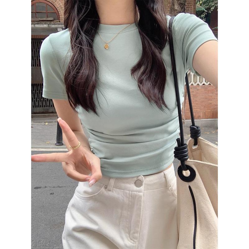 Right shoulder, round neck, short-sleeved T-shirt for women, spring and summer, petite temperament, versatile, slimming, slimming bottoming outer top