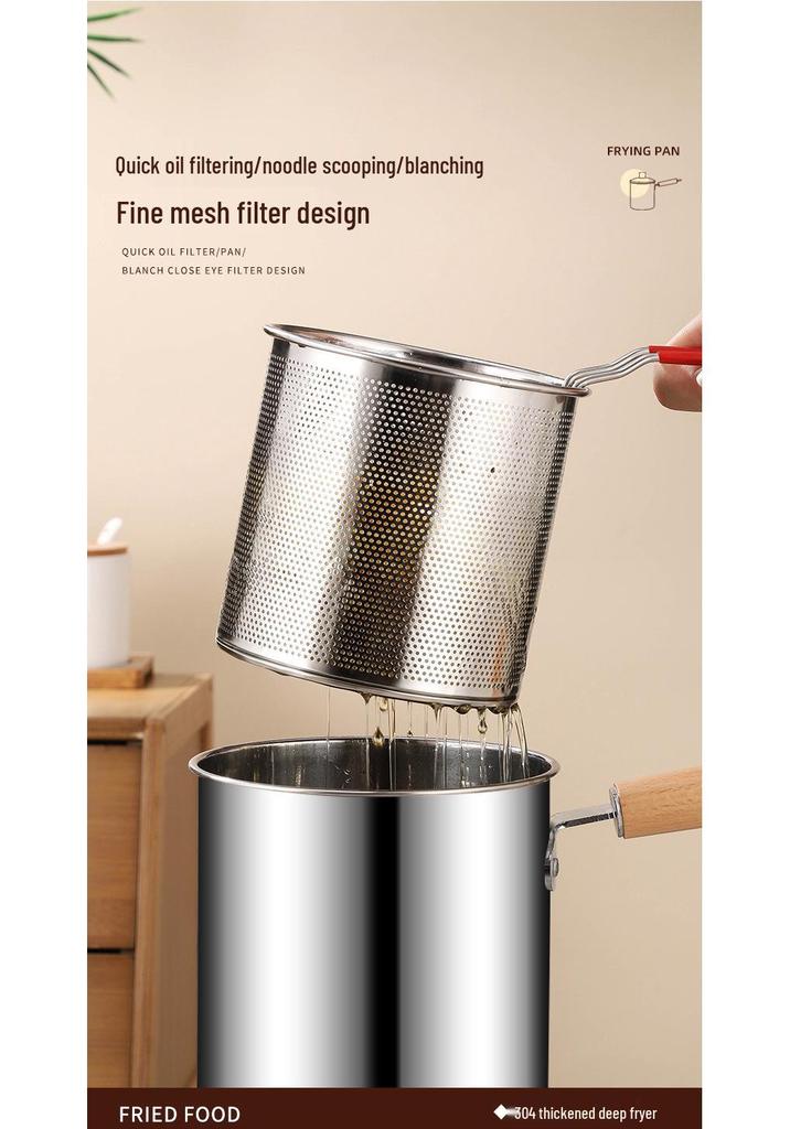 304 Stainless Steel Milk and Fry Pot with Wooden Handle and Filter Basket, Induction Compatible, Oil-Saving Deep Pot for Soup and Skewers.