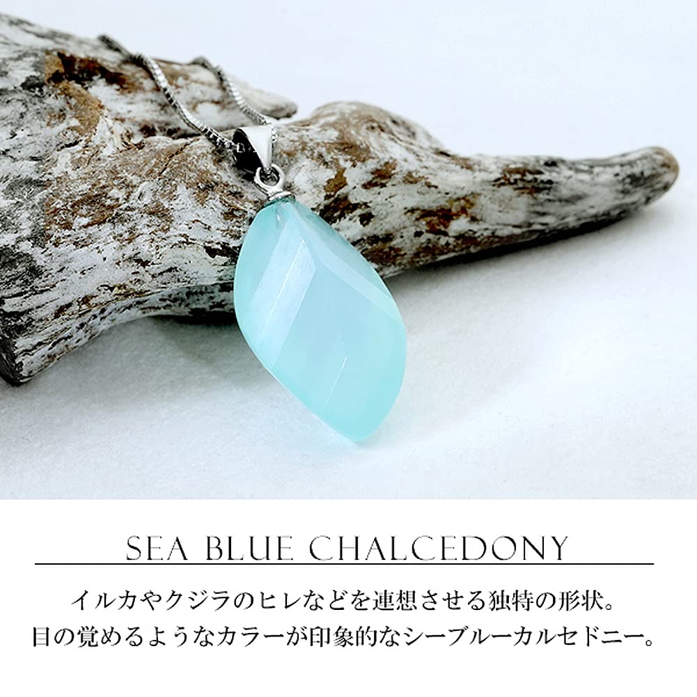 Shinjuku Gin no Kura Sea Blue Chalcedony Cut Sterling Silver 925 Necklace Natural Stone Power Stone Women's Blue Light Blue
