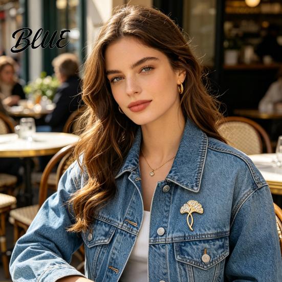 Sweater Brooch Ginkgo Leaf Pin for Women Rhinestones Inlaid Lapel