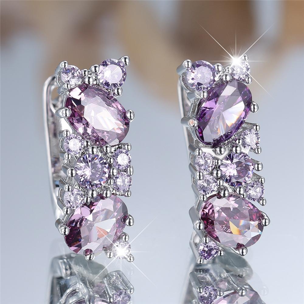 Cute Female Purple Zircon Stone Hoop Earrings Fashion Silver Color Wedding Jewelry For Women