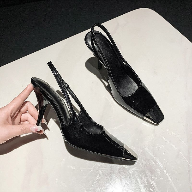 Black high heels women's 2025 spring new thin heels imperial sister style with dress metal pointed sexy bag head sandals