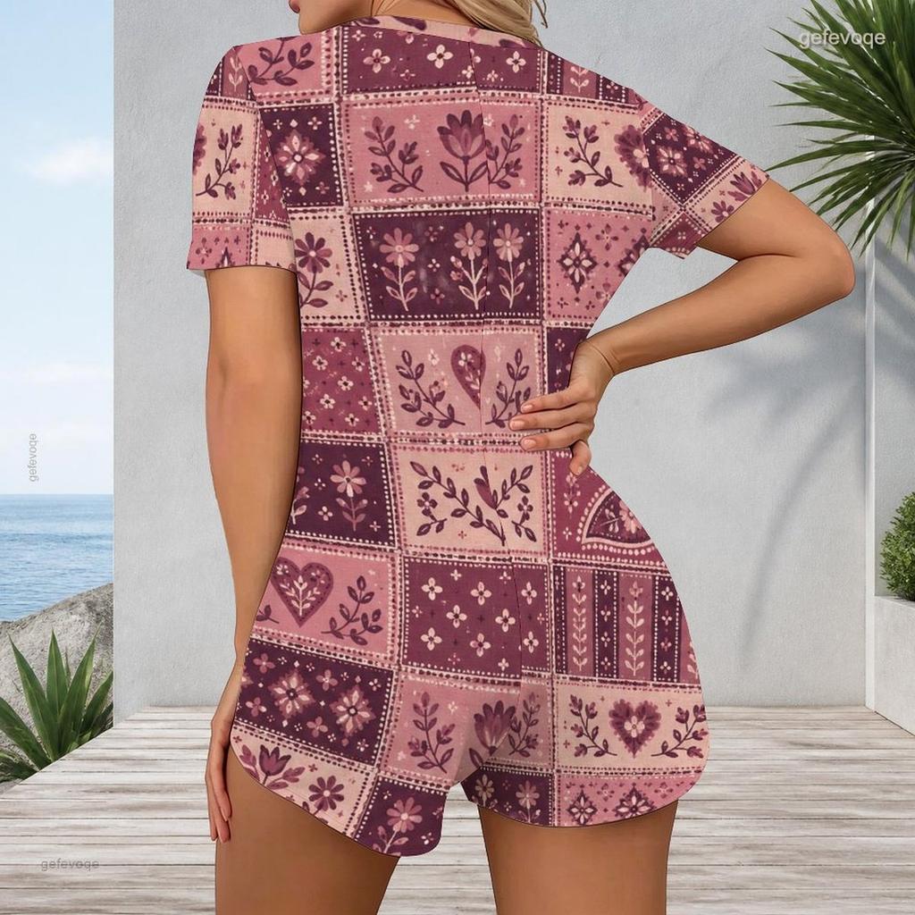 Women Plus Size Printed V Neck Short Sleeve Button Front Romper Fitted Short Length