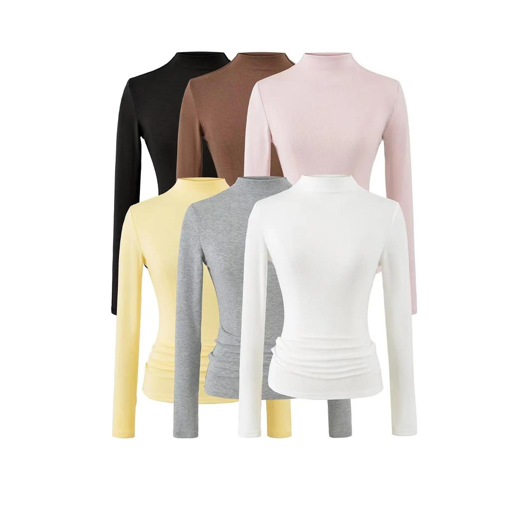 Women's Slim Fit Long Sleeve Cashmere T-Shirt with Half-High Collar for Spring and Autumn