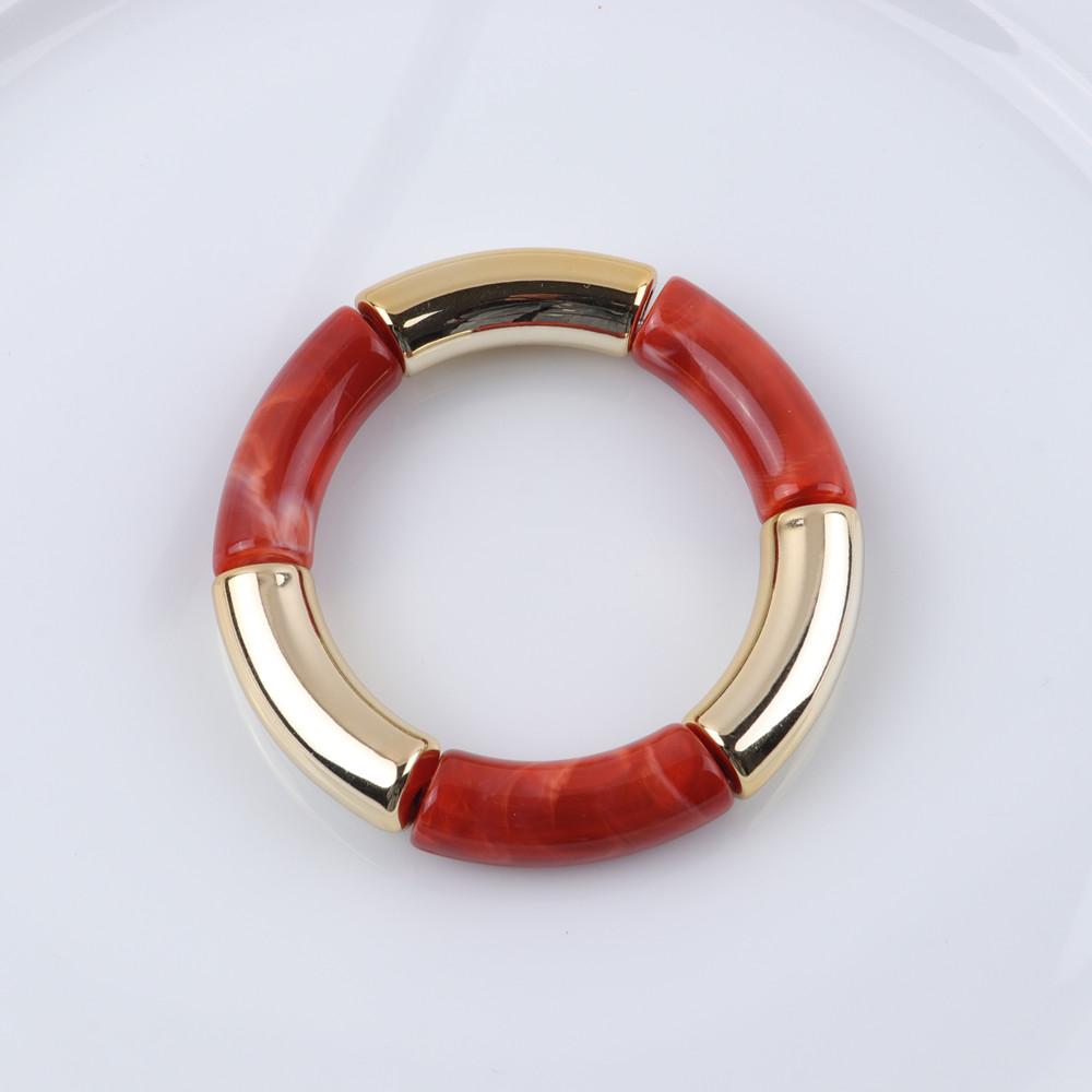 New Mixed Gold Color Tube Beads Acrylic Bracelets Bangles for Women Men Stretch Bamboo Curved Resin Bracelet Stack Jewelry Gifts