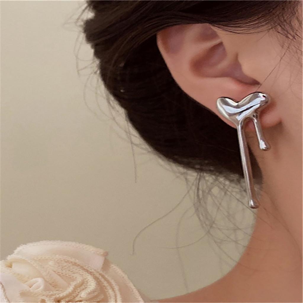 Trendy Geometric Silver Heart And Waterdrop Earrings Stylish Alloy Ear Studs