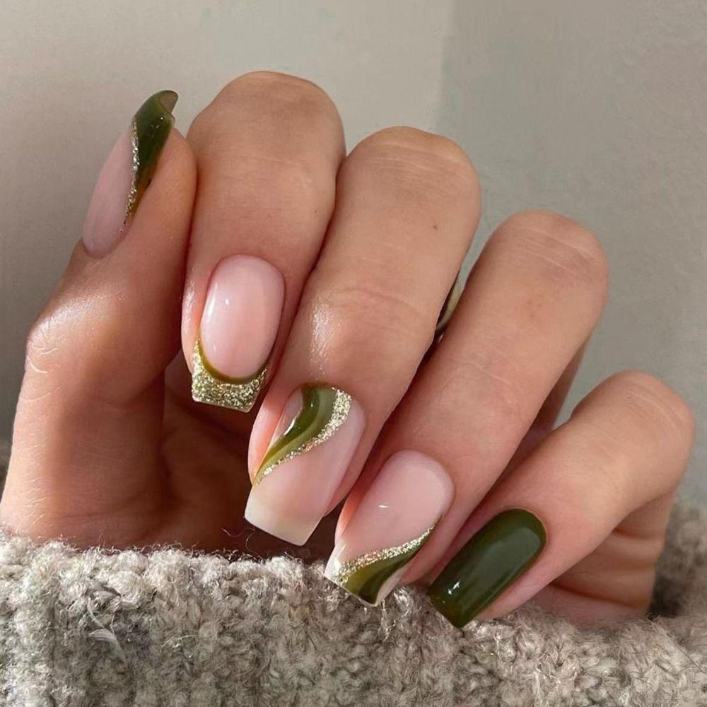 

French Fake Nials Gold Glitter Leaf Nail Tips Fashion False Nails Women Girls