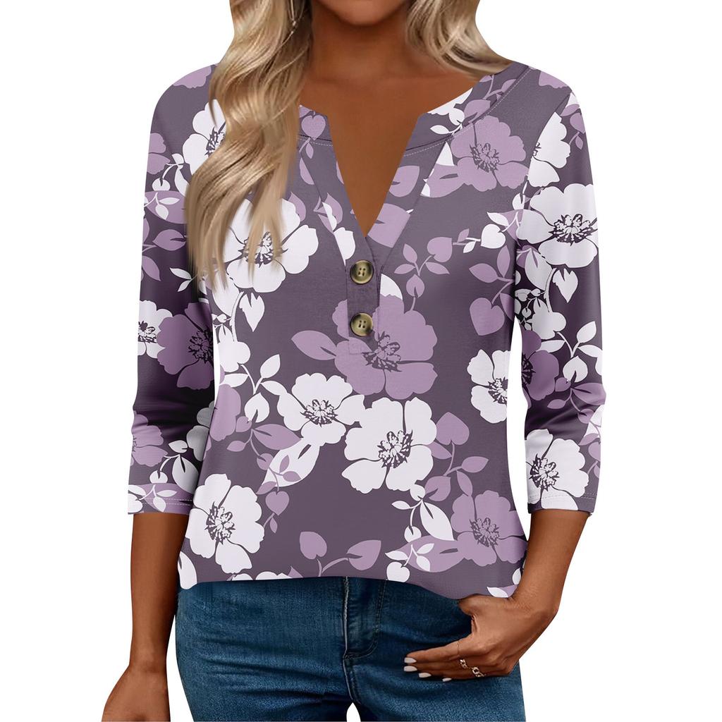 3/4 Sleeve Womens Tops For Women Henely Tops Button V Neck Loose Fit Dressy Womens Summer Tops