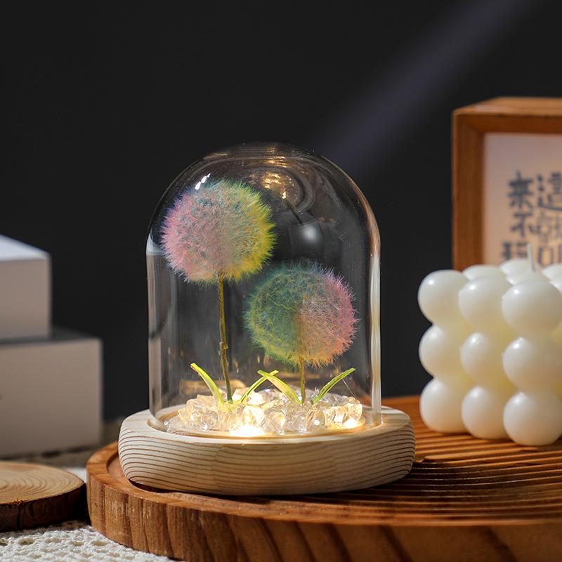 Luminous Dandelion Preserved Flower Bouquet Night Light in Glass Dome - Birthday Gift for Girls or Girlfriend