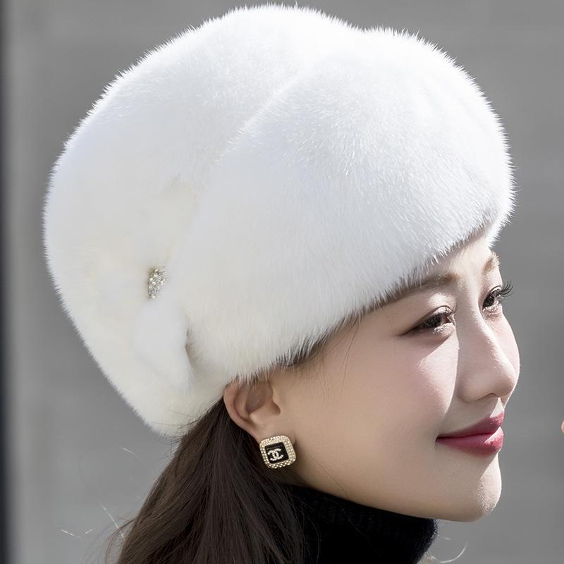 Women's Winter Fashion Imitation Mink Fur Hat with Leather for Middle-Aged and Elderly