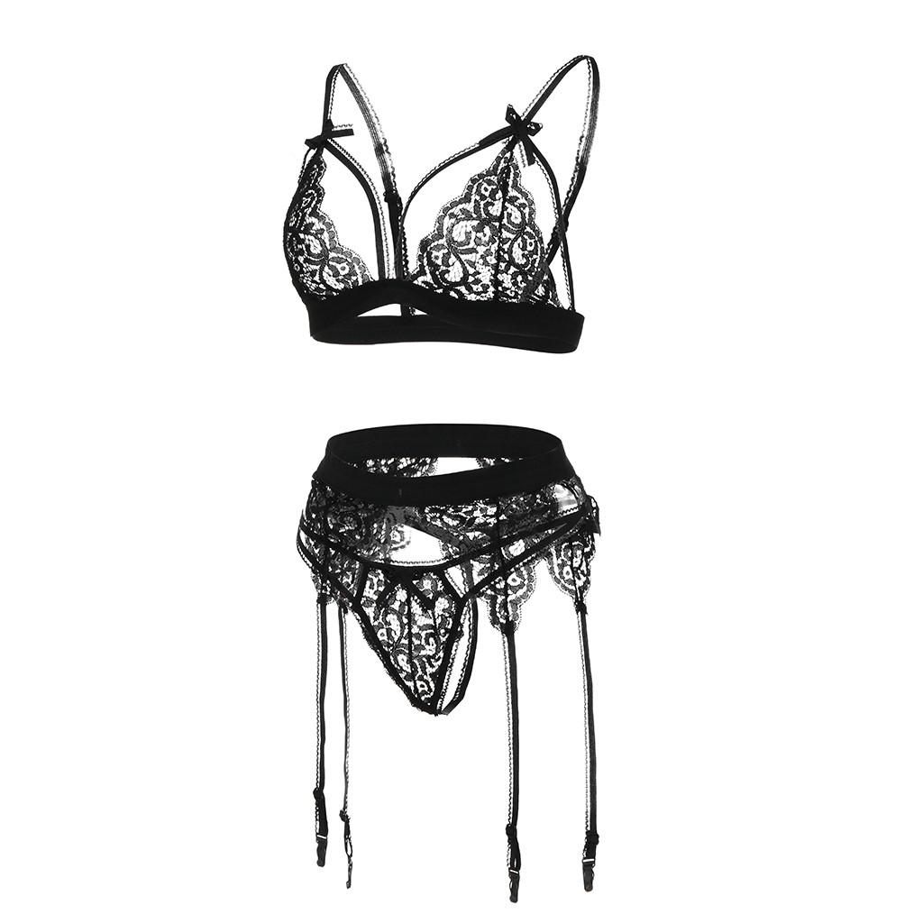 Nové sexy spodní prádlo Dámské spodní prádlo Spací prádlo Krajková podprsenka Kalhotky G-string Podvazkový set