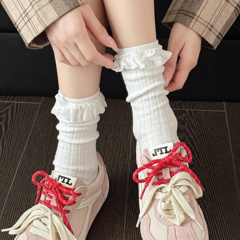 Autumn And Winter Retro Brown Socks Children'S Lace Bow Beige Calf Socks Soot Tube Socks Cotton Stacking Socks