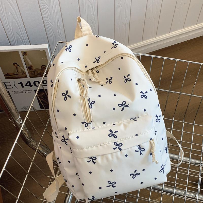 Back To School Season Playful Bow Print Backpack Quilted Multi-Pocket Adjustable Straps Large Capacity Backpack for Daily Use