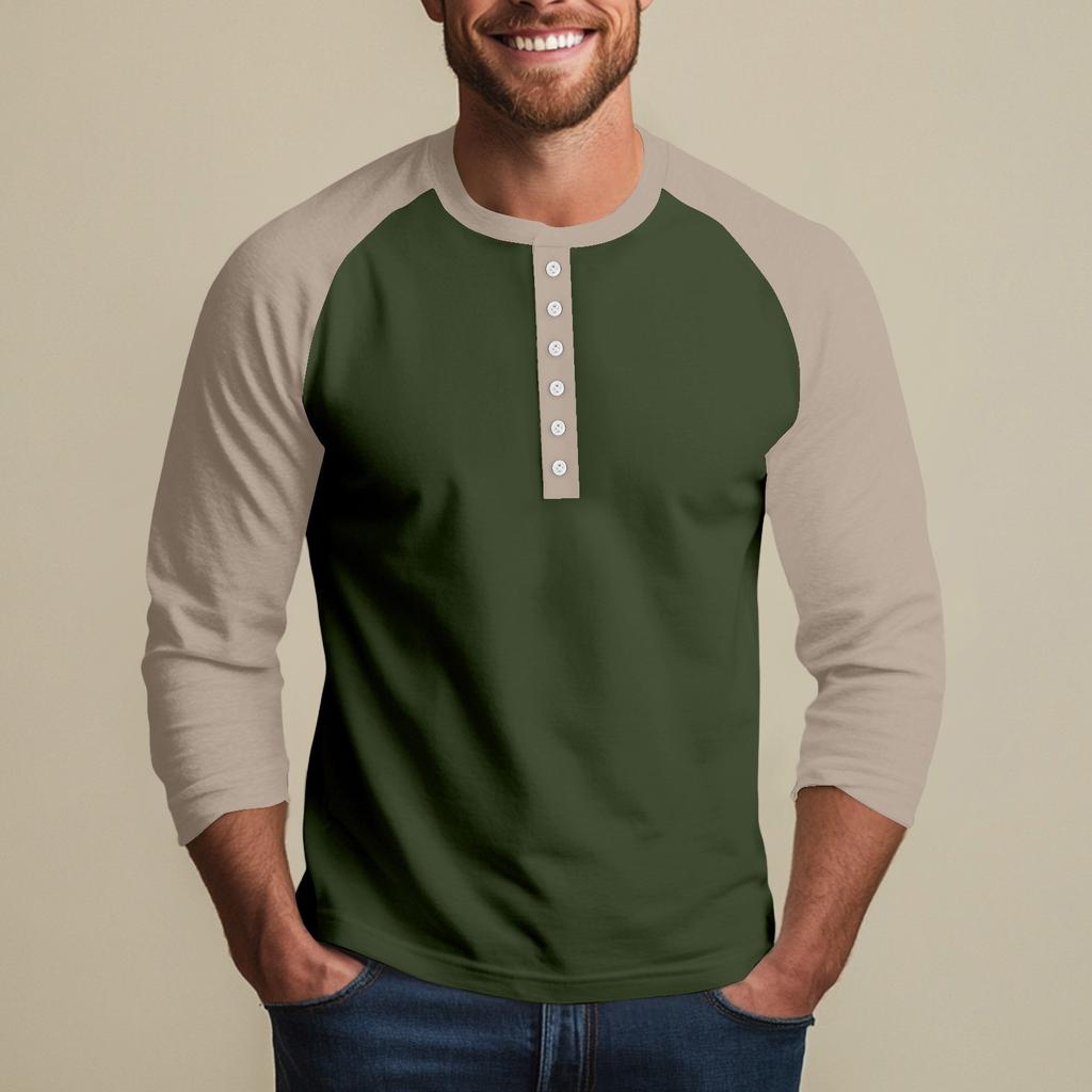 Men's Button-Down Contrast Raglan 3/4 Sleeve Top