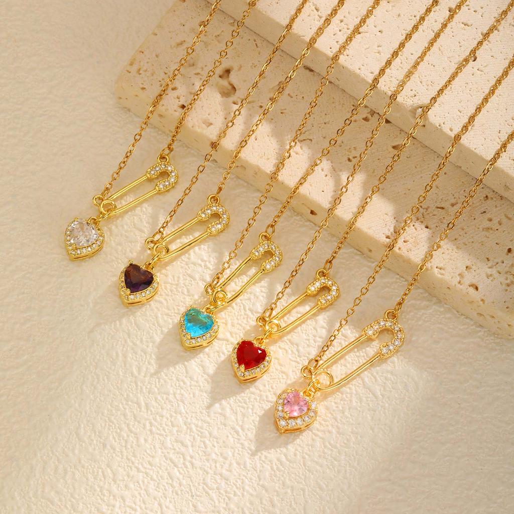 Fashion Heart Zircon Paper Clip Necklace for Women,Gold Color Stainless Steel Flat Rolo Chain Necklaces,Chic Jewelry Gifts