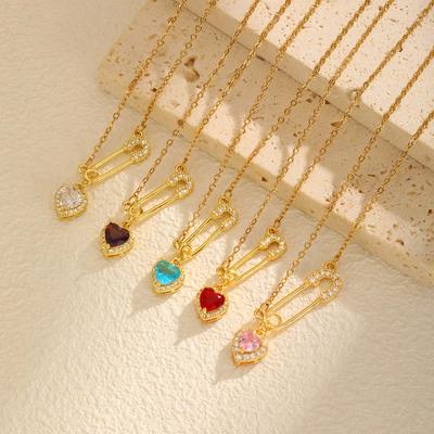 Fashion Heart Zircon Paper Clip Necklace for Women,Gold Color Stainless Steel Flat Rolo Chain Necklaces,Chic Jewelry Gifts