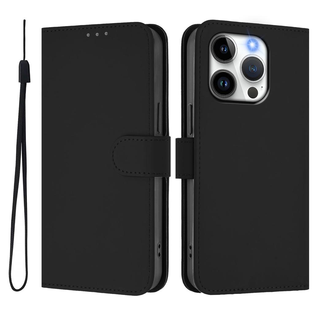 For iPhone 15 Pro Case Solid Color Wallet Leather Phone Cover with Strap