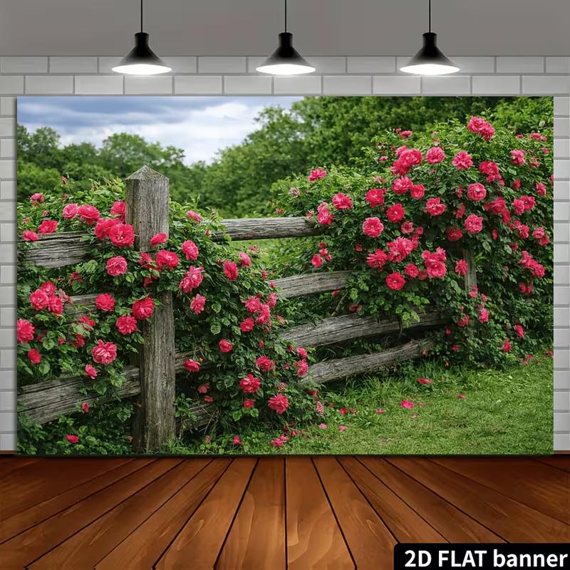2D Bauernhaus Rosenzaun Kulisse Kletternde Rosa Rosen Fotografie Banner