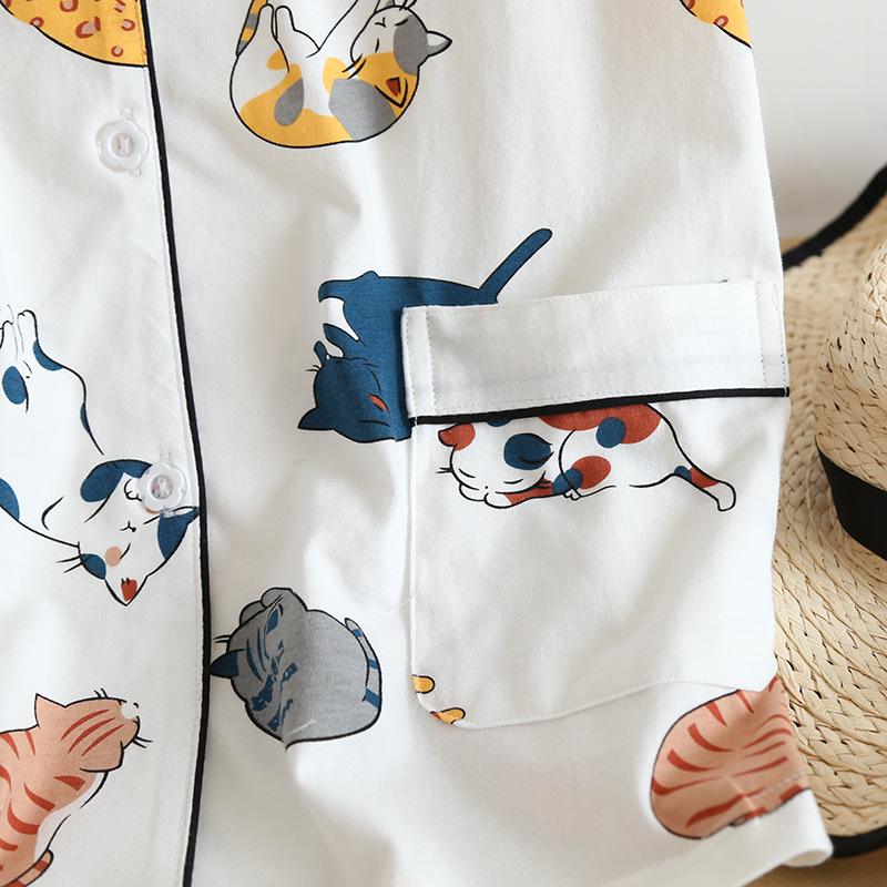 Summer Women’s Cute Japanese Cat Pajamas - Short Sleeve Cotton Cardigan & Shorts Set