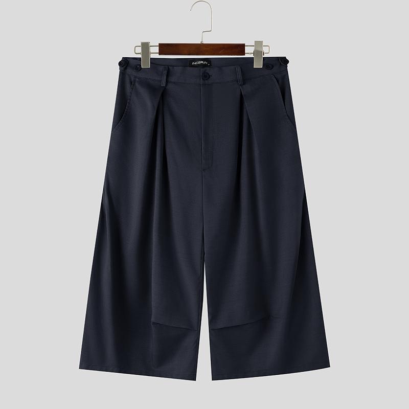 INCERUN  Men Zip-up Waist Loose Casual Wide Legs Capri Pants Shorts S темно-синий