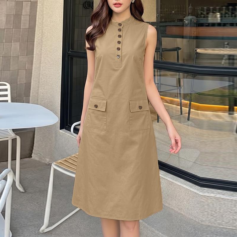 ZANZEA Women Stand Collar Summer Sleeveless Commuer Casual Dress S хаки