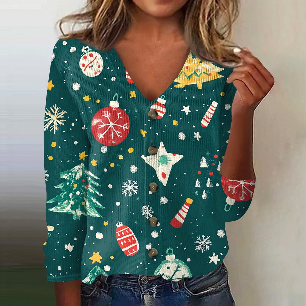 Women's Fashion Print Long Sleeve Knitted Cardigan Button Up Jacket