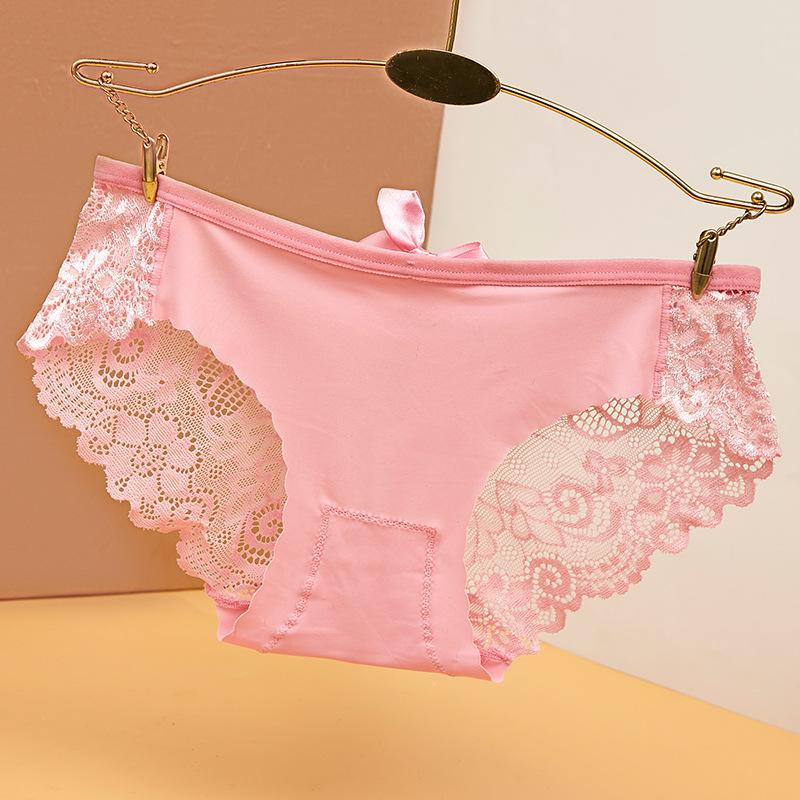 Women's Printed Ice Silk Underwear with No Trace Low Waist Bow Hollow Lace Triangle Pants