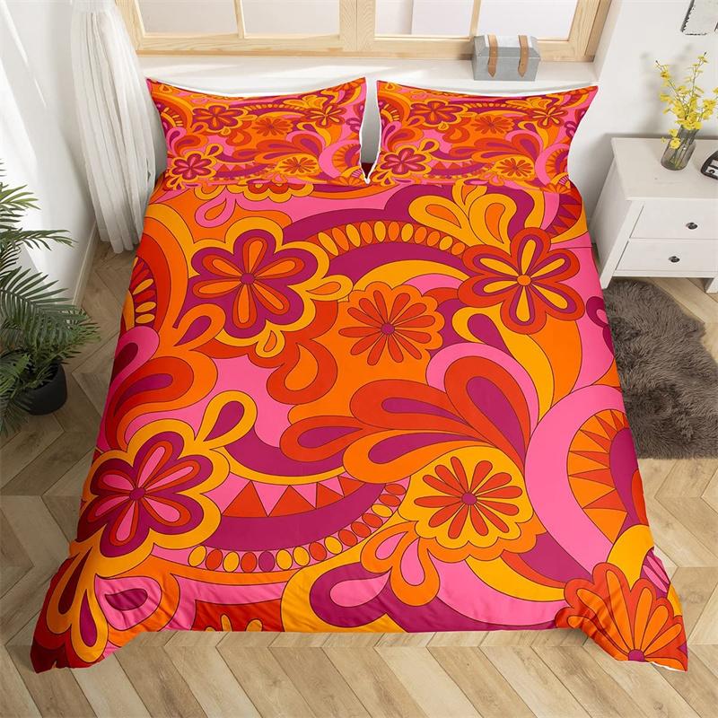 Retro Hippie Flower Duvet Cover Rainbow Floral Bedding Set Polyester Cartoon Ghost Comforter Cover Set 60S 70S Groovy Bedclothes