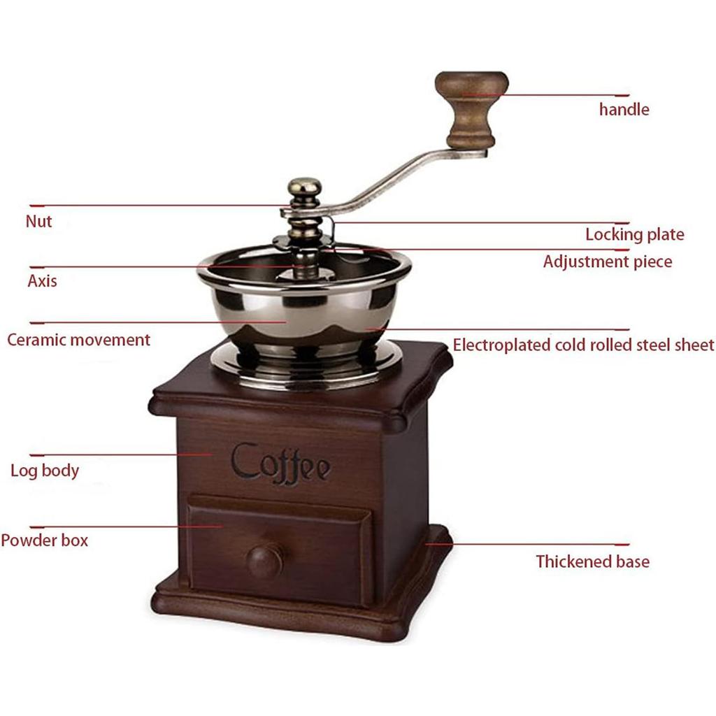 Classical Hand Cranks Coffee Grinder With Ergonomic Wood Handle 15 Grinding Size Option Built In Bristles Brush