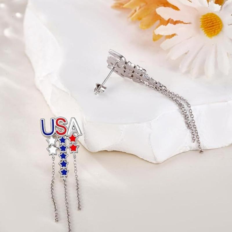 Patriotic American Flag Star Dangle Earrings With Tassels Accessories For Independence Day Celebration