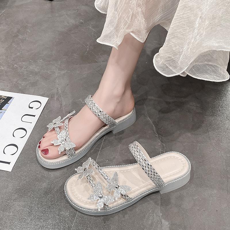Summer fairy style casual slippers wear spring new fashion high-end slippers beach butterfly rhinestone one-word drag