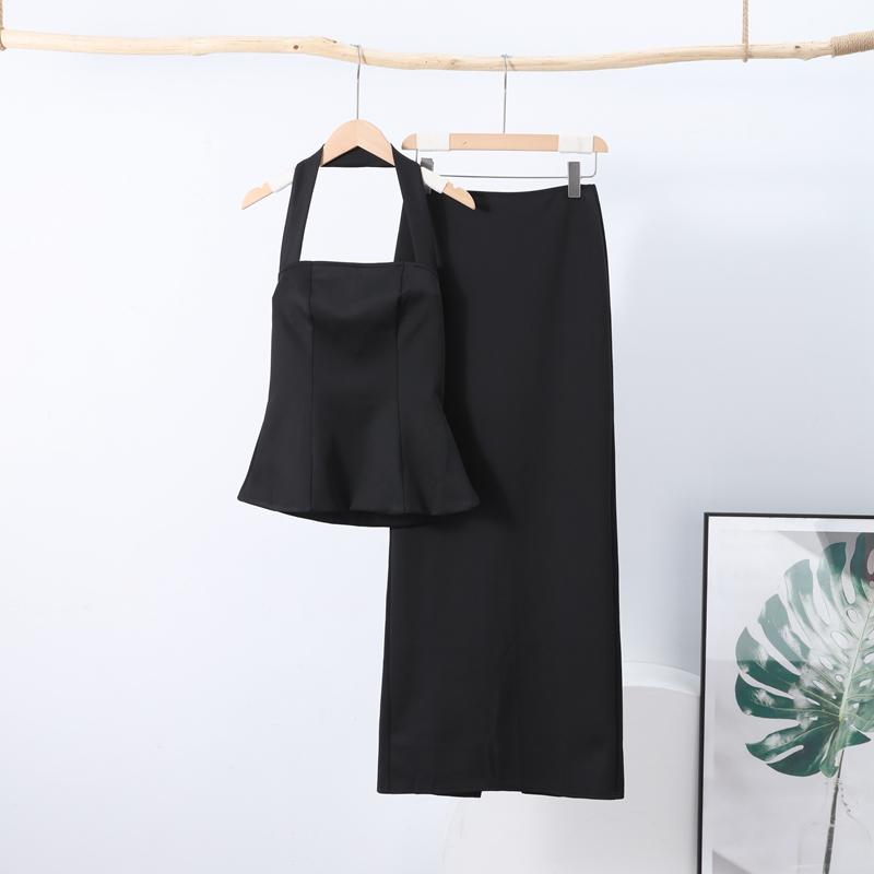 Elegant Halter Top Skirts Set Women Solid Color Backless Sleeveless Crop Tops Split Long Skirt 2025 Spring Summer New Ladies Outfits