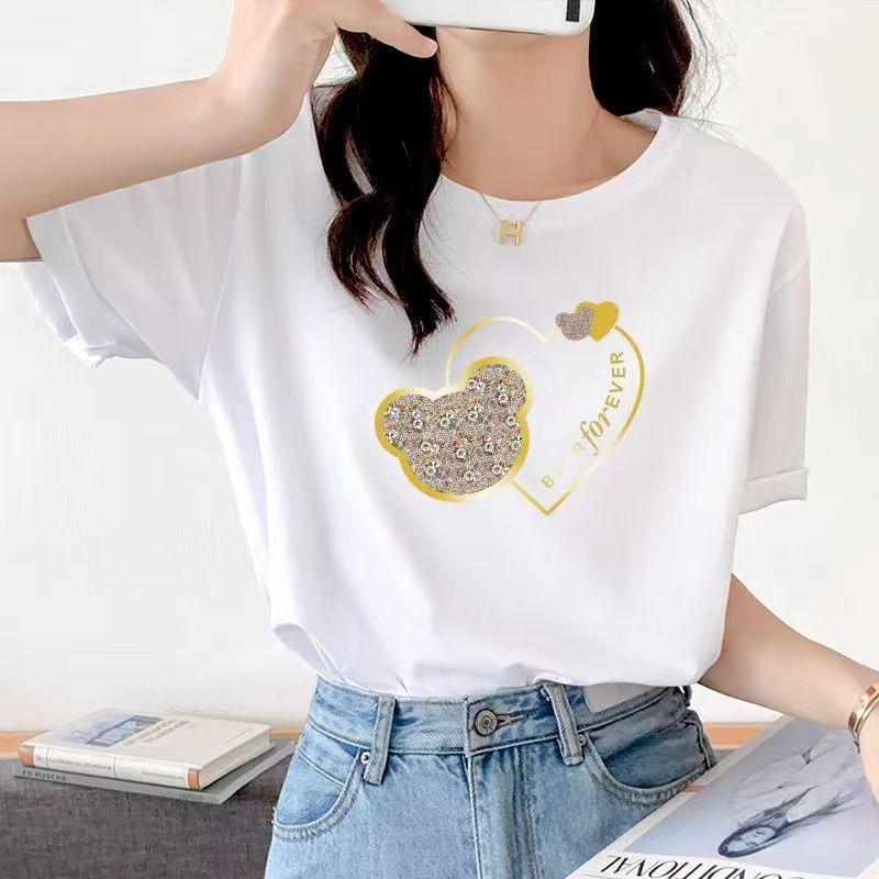 VEZFAA Damenmode Casual Sommer Frühling Liebesbrief Druck Kurzarm O-Ausschnitt Blusen & Hemden