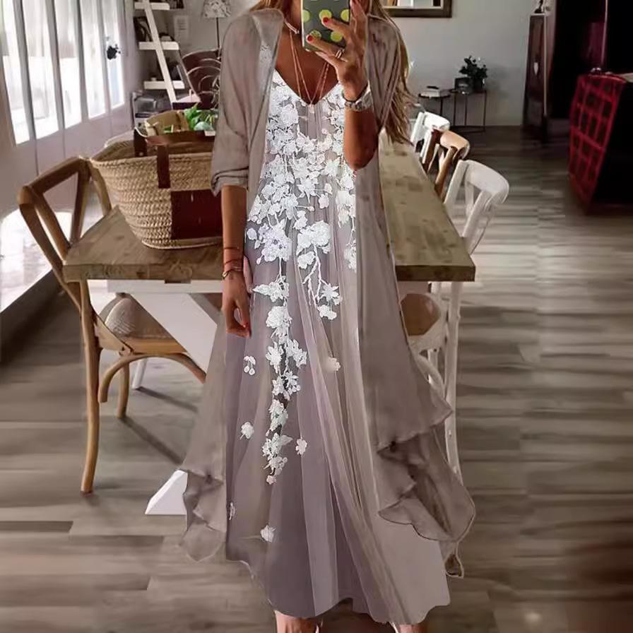 Women's Teal Lace Maxi Dress with Matching Cardigan for Casual Wear