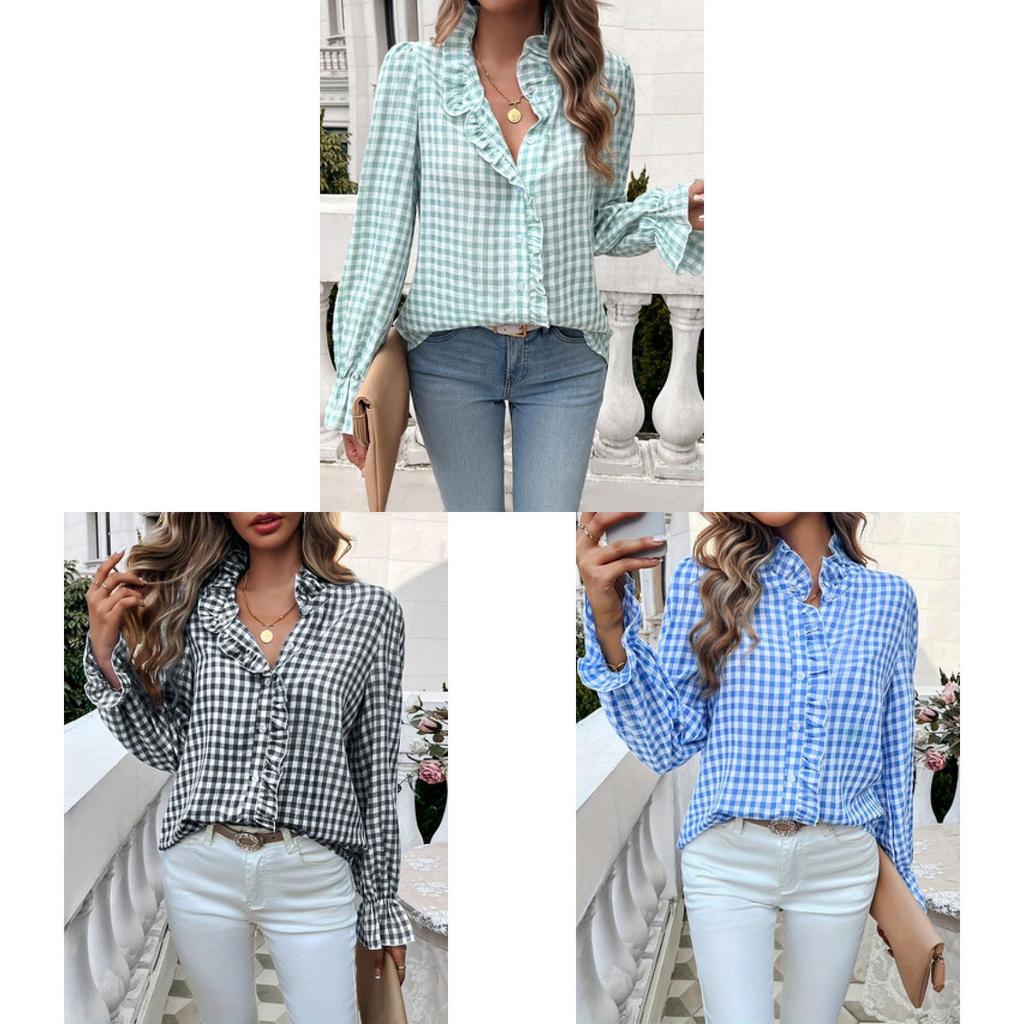 Polyester Geometric Pattern Blouse For Women With Long Sleeves And French Style Buttons For Spring Fashion