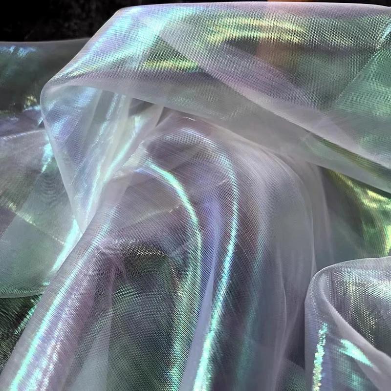 Wide 150cm Encrypted Laser Seven-color Iriered Gauze Fabric Bright Yarn Gradient Color Fabric DIY Organza Clothing Designer