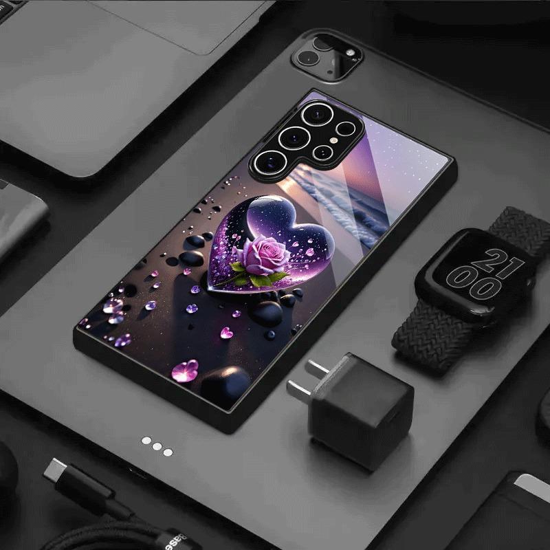 Heart Crystal Rose Sea Pattern Tempered Glass Phone Case For iPhone 17 16 15 14 13 12 11 Pro Max 17 Air 7 8 Plus XR XS X Cover
